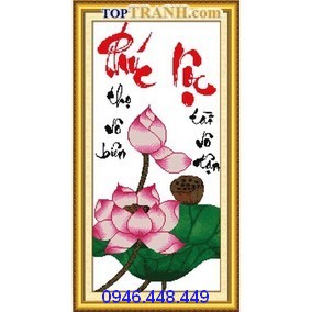 Tranh thêu chữ phúc lộc hoa sen